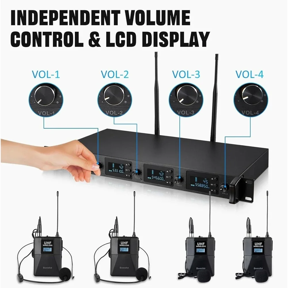 Boeska Wireless Microphone System 4‎ Channel UHF 4 Lavalier Lapel Headset